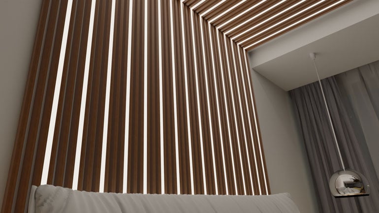 wizualizacja sypialni - lamele drewniane